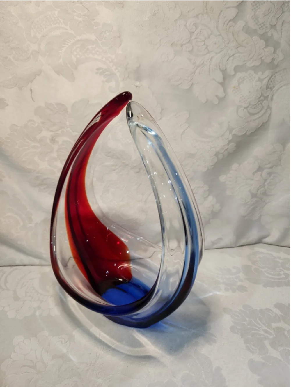 Vintage Art Glass Basket Vase Blue Red Stretched Handle Centerpiece Candy Dish